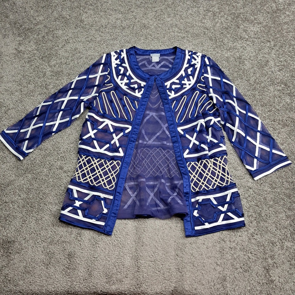 Chicos Travelers Blue Sheer Mesh Soutache Ribbon Jacket Size 0 XS S 4/6